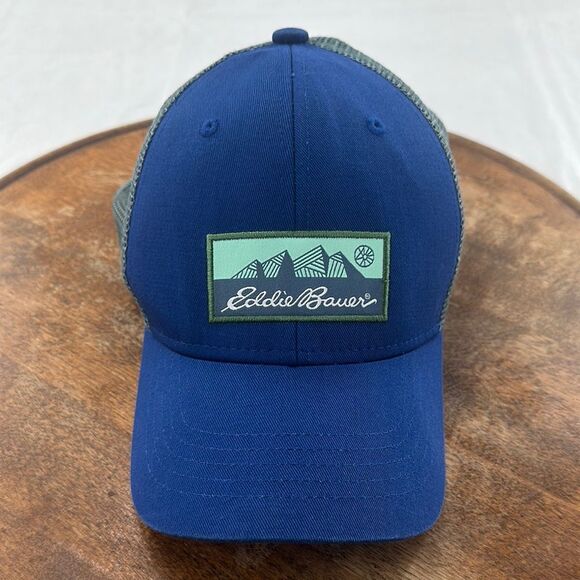 Eddie Bauer Hat Cap Trucker Mesh Snapback Blue Camping Outdoor Hiking Mountains - Picture 1 of 12